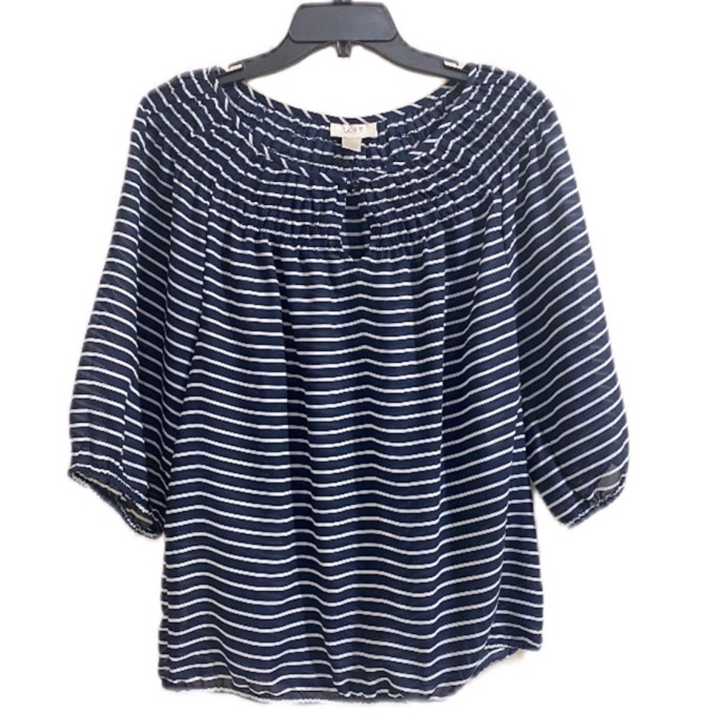 Ann Taylor LOFT Dark Blue And White Striped Shirt Small